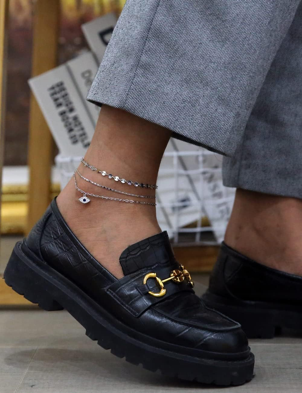 Evil Eye Gold Ankle Bracelets for Women 14K Gold Plated Anklet Silver round Coin Disc Chain Anklets Cubic Zirconia Evil Eye Anklet Dainty Layered Anklet Set 3Pcs