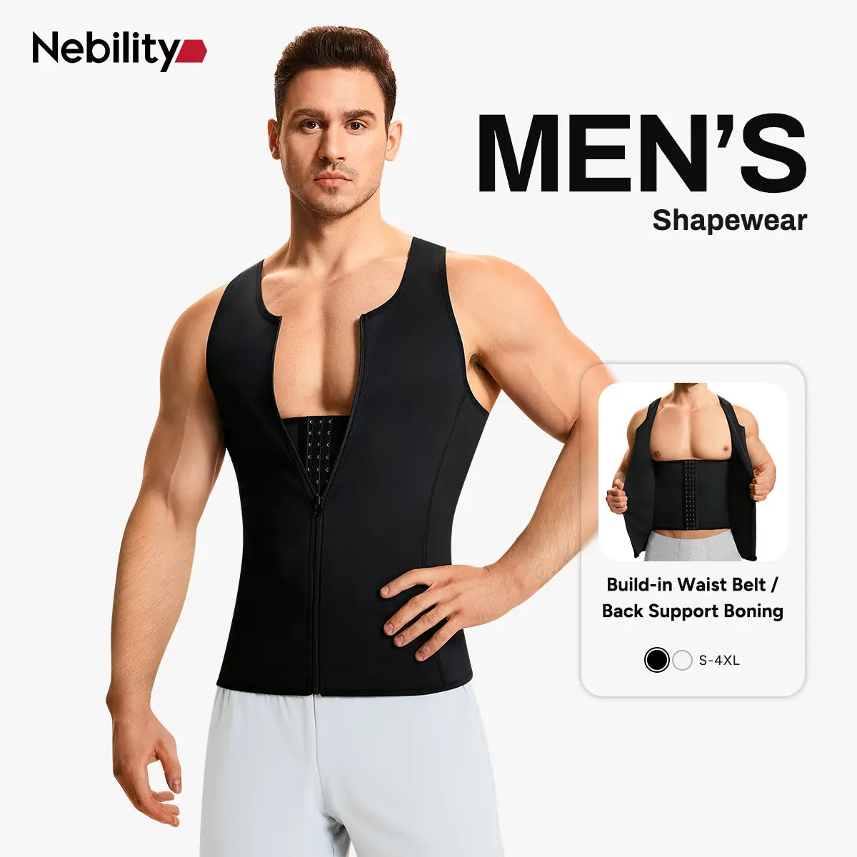 【Nebility】Men'S Waist Trainer Trimmer Compression Vest Steel Bone Support Outdoor Sport Exercise Athletic Shapewear Fitness Zipper Springstatements
