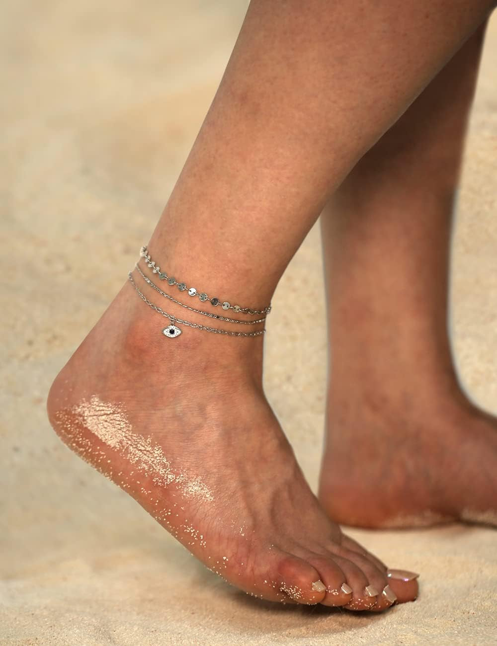 Evil Eye Gold Ankle Bracelets for Women 14K Gold Plated Anklet Silver round Coin Disc Chain Anklets Cubic Zirconia Evil Eye Anklet Dainty Layered Anklet Set 3Pcs