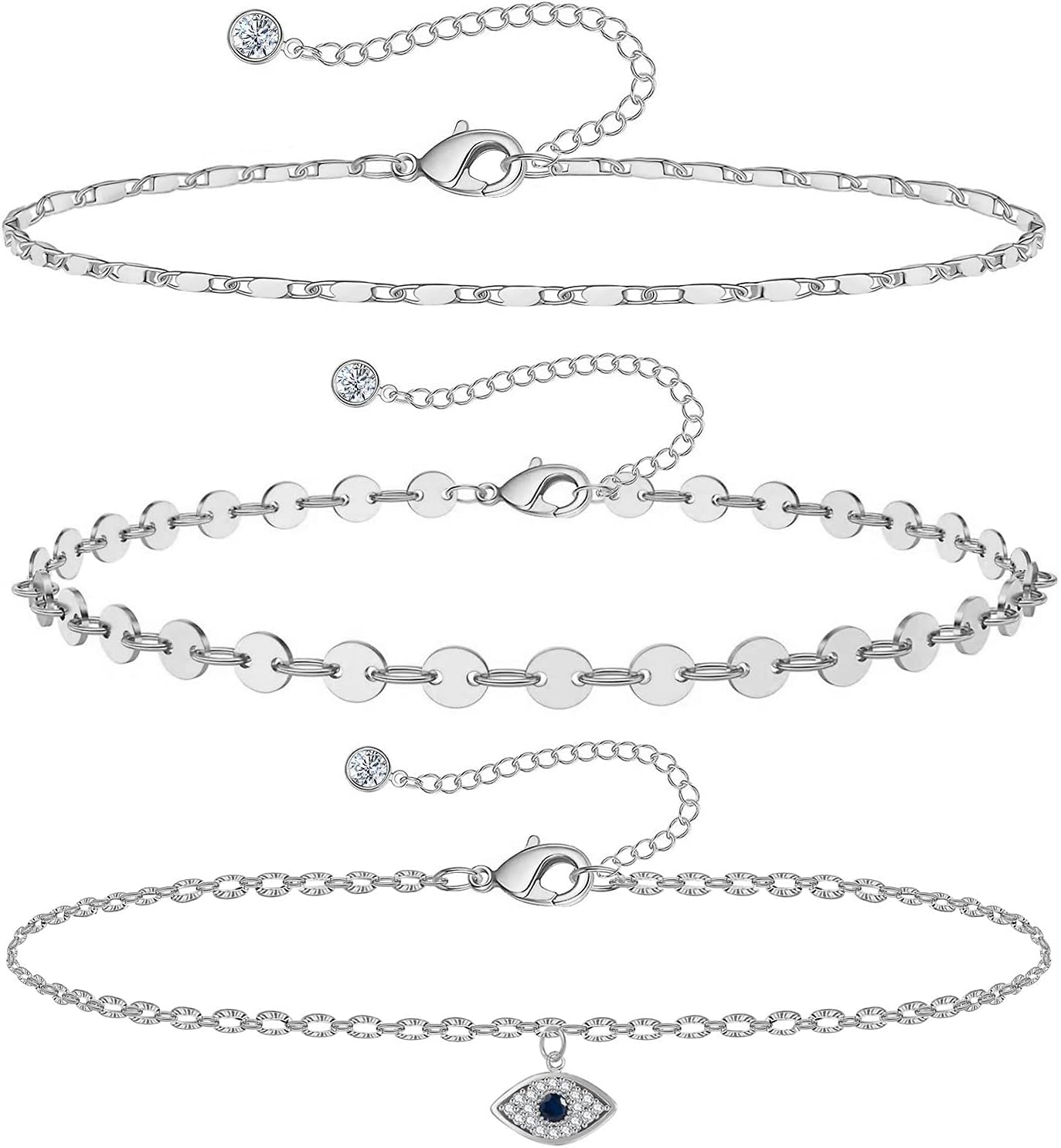 Evil Eye Gold Ankle Bracelets for Women 14K Gold Plated Anklet Silver round Coin Disc Chain Anklets Cubic Zirconia Evil Eye Anklet Dainty Layered Anklet Set 3Pcs
